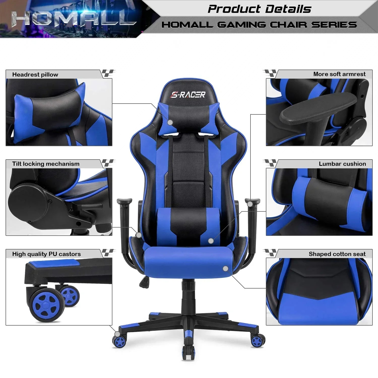 Homall Gaming Chair Office Chair High Back Computer Chair PU Leather Desk Chair PC Racing Executive Ergonomic Adjustable Swivel Task Chair with Headrest and Lumbar Support (Blue) - Digital Download