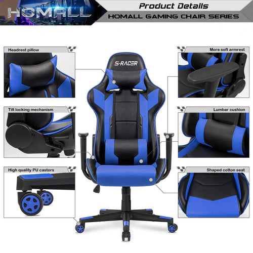 Homall Gaming Chair Office Chair High Back Computer Chair PU Leather Desk Chair PC Racing Executive Ergonomic Adjustable Swivel Task Chair with Headrest and Lumbar Support (Blue) - Digital Download
