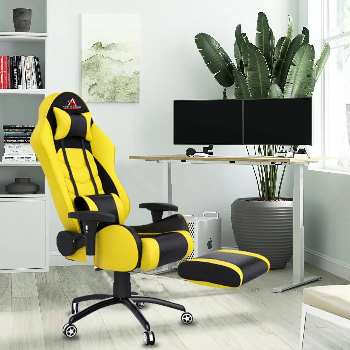 ASE GAMING Gold Series Ergonomic Gaming Chair with Footrest Premium PU Leather, Adjustable Neck & Lumbar Pillow, 180 Degree Recline with Black Metal Base (Yellow) - Digital Download
